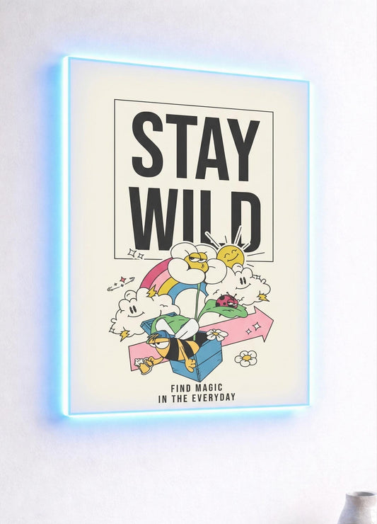 Stay Wild Retro Cartoon Art, 70s Vibe Mushroom Cloud Rainbow Print