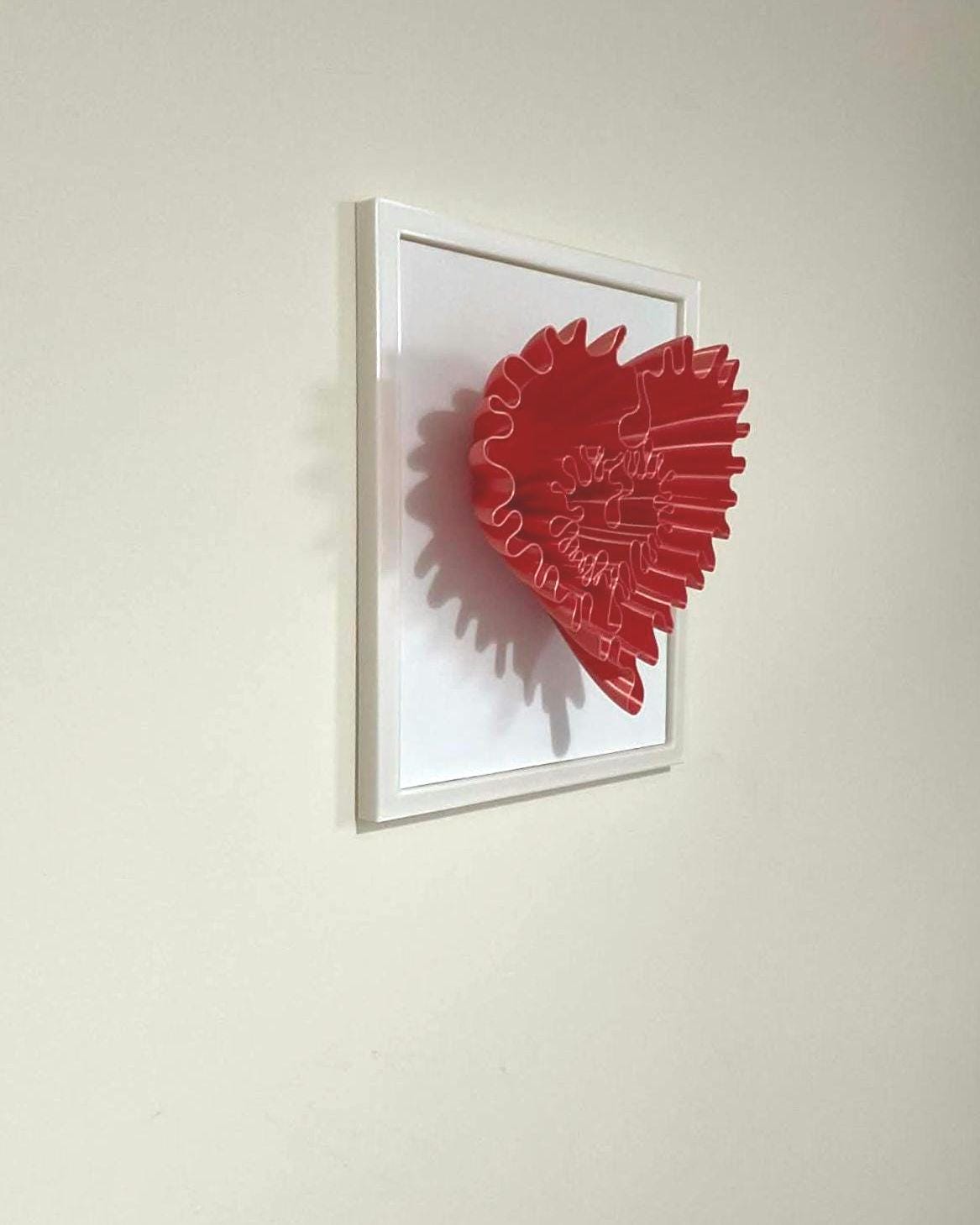 3D Ruffled Heart Sculpture, Red Textured Wall Art, Minimalist White Frame Home Decor