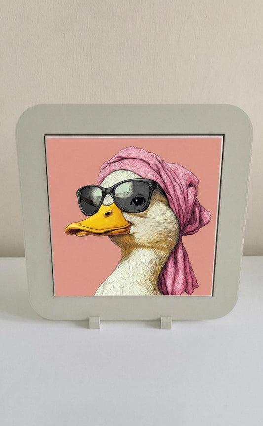 Quirky Duck Ceramic Tile Art, Retro Pink Diva Duck, Maximalist Wall Decor