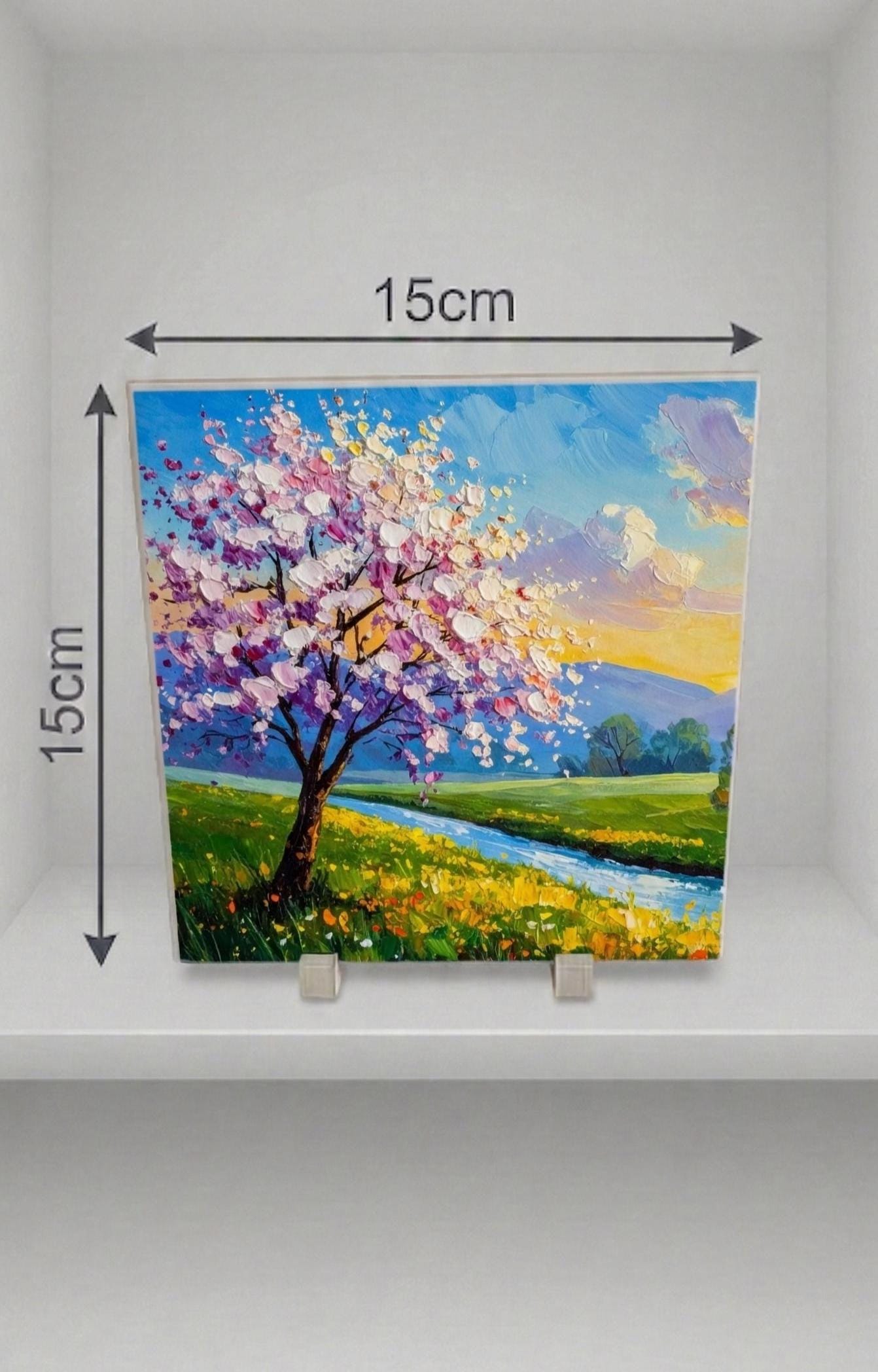 Original Cherry Blossom Tile Print, Impasto Spring Landscape, Floral Wall Art