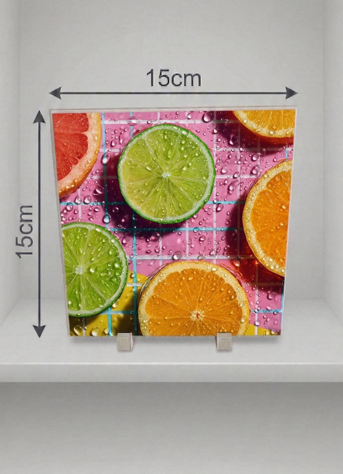 Retro Neon Citrus Ceramic Tile Art, 80s Vaporwave Kitchen Decor, Lime Orange Wall Art