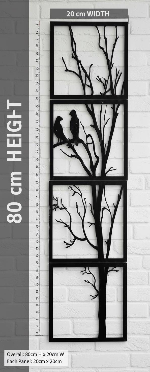 Vertical Tree Wall Art, Four Panel Birds Silhouette, Modern Nature Decor, 3D Printed Sculpture