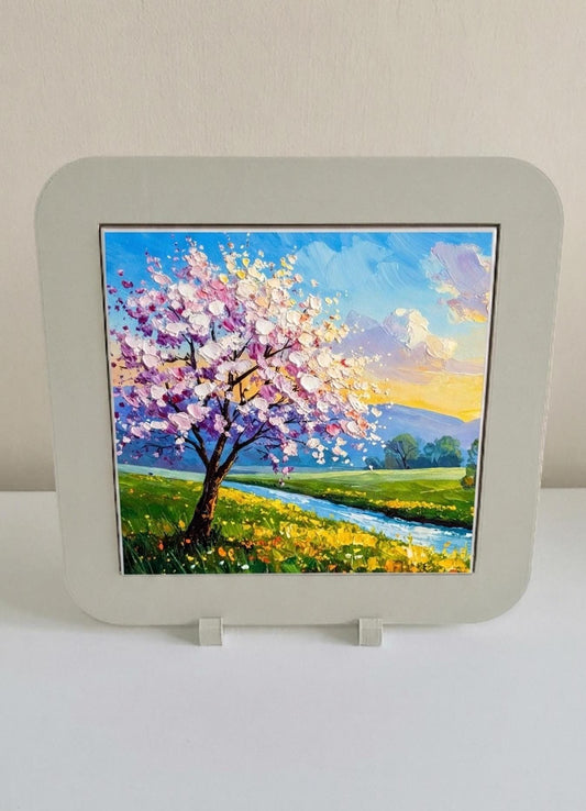 Original Cherry Blossom Tile Print, Impasto Spring Landscape, Floral Wall Art