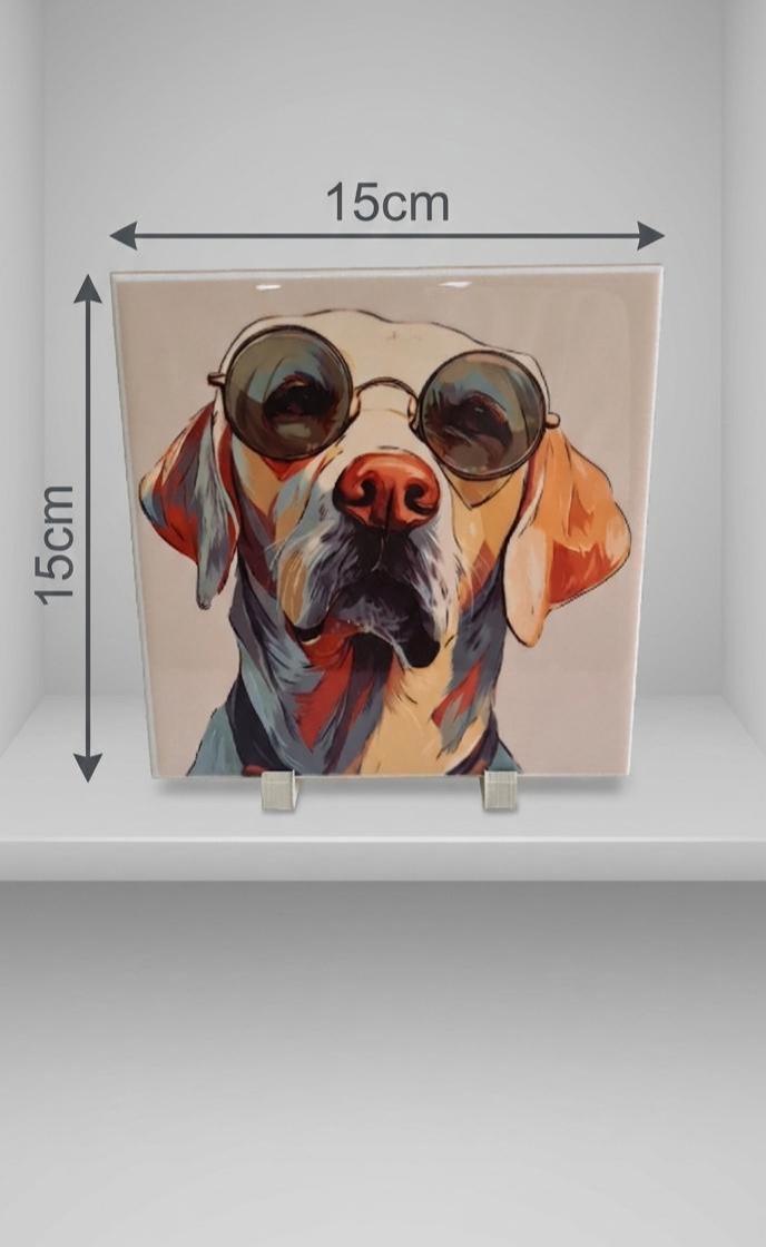 Pop Art Dog Ceramic Tile Art, Sunglasses Pup, Quirky Pet Portrait, Framed Wall Decor