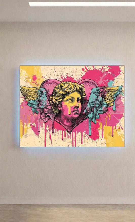Cherub Angel Metal Wall Art, Sound Reactive LED Heart, Neo-Pop Street Art (Battery Powered)