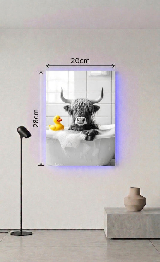 Highland Cow Bathtub Art, Black and White Animal Print, Quirky Bathroom Decor (LED Option)