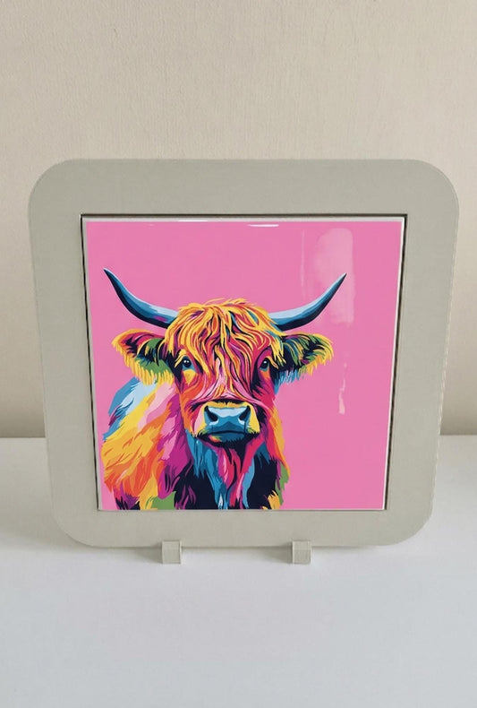 Vibrant Highland Cow Ceramic Tile Art, Pop Art Animal Decor, Pink Home Accents