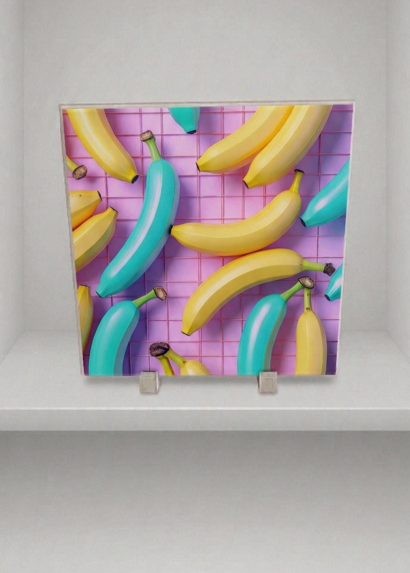 Teal Yellow Banana Illustration, Synthwave Retro Grid Art, 80s Tabletop Decor