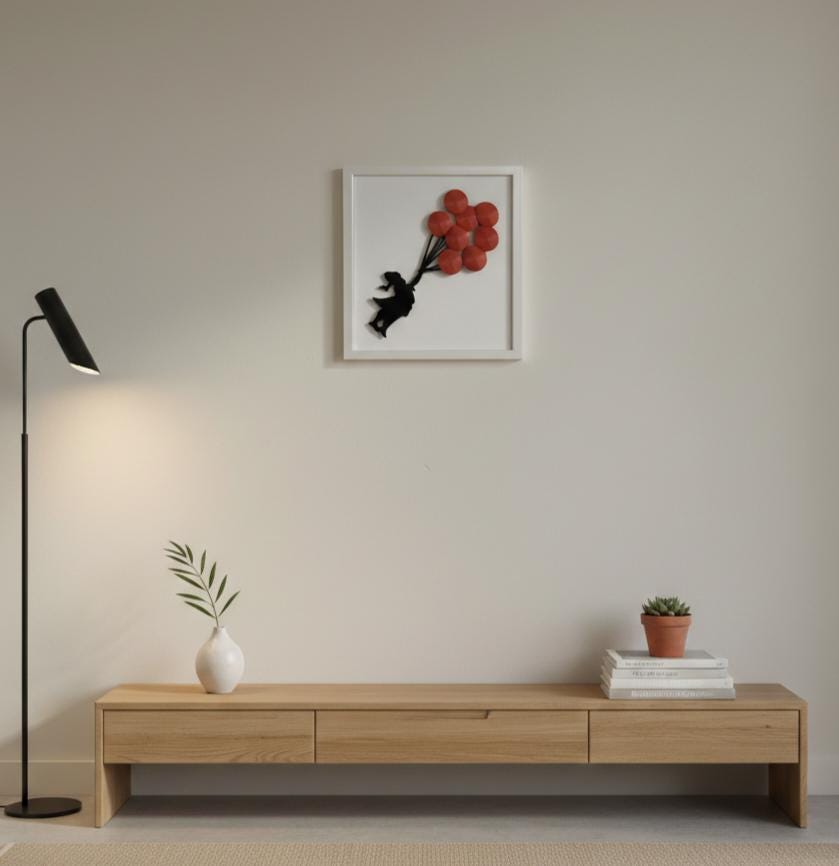 3D Balloon Girl Wall Art, Banksy Inspired Street Art Replica, Red Balloons, White Frame