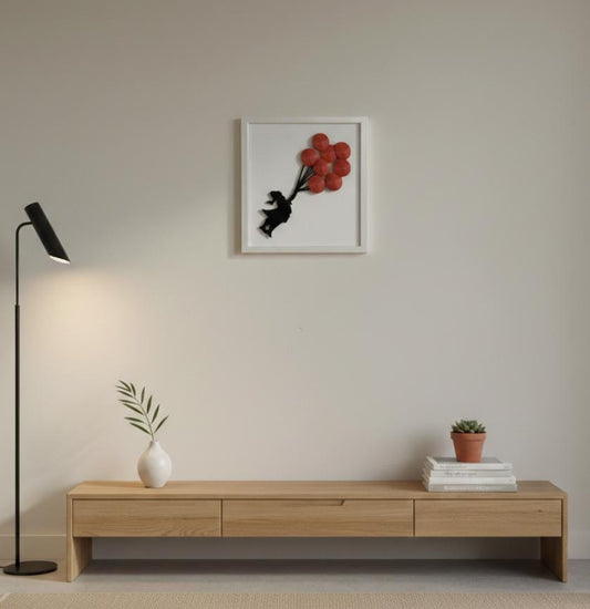 3D Balloon Girl Wall Art, Banksy Inspired Street Art Replica, Red Balloons, White Frame