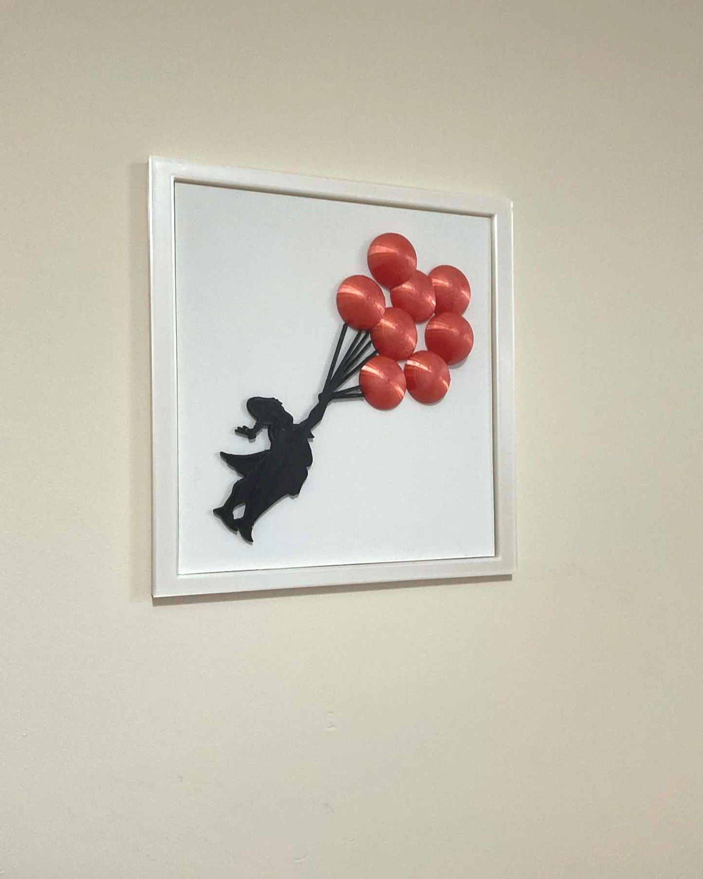 3D Balloon Girl Wall Art, Banksy Inspired Street Art Replica, Red Balloons, White Frame