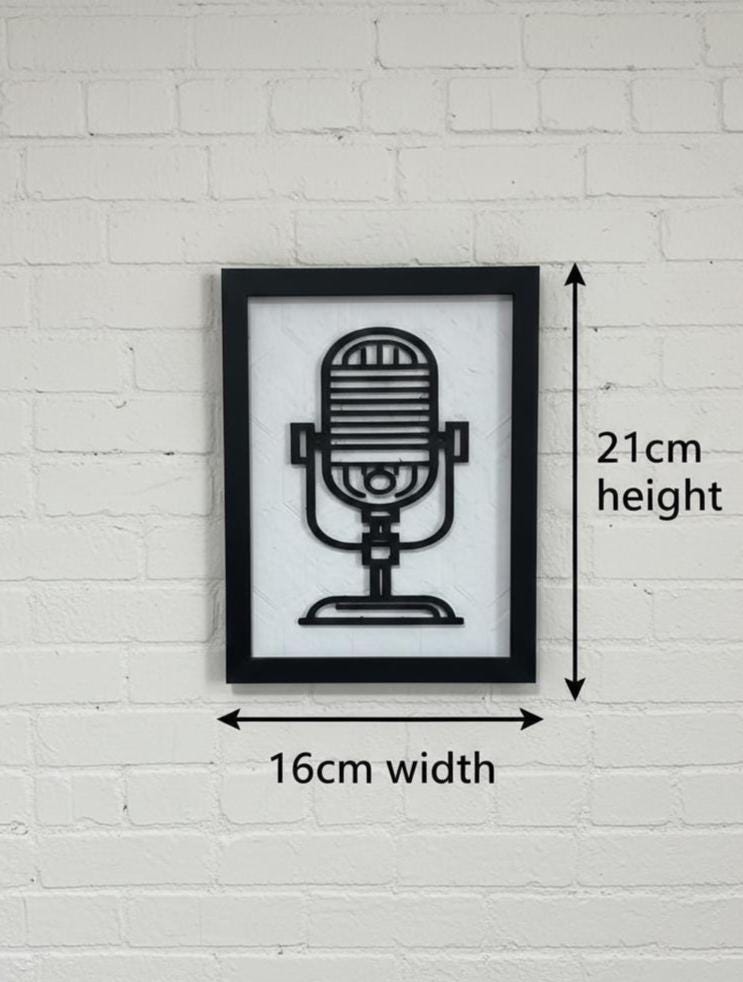 3D Printed Microphone Wall Art, Retro Studio Decor, Minimalist Black White (21cm x 16cm)