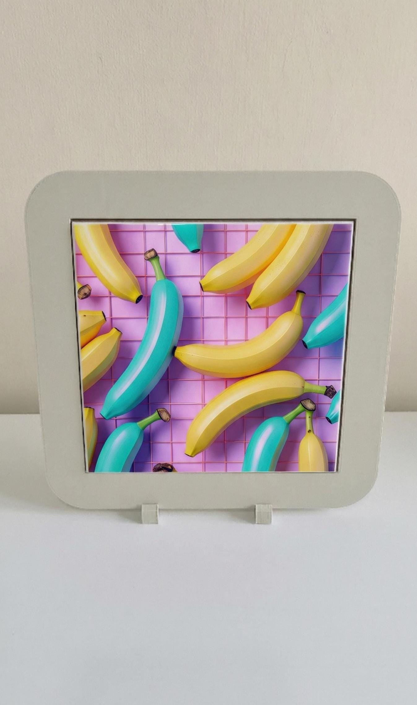 Teal Yellow Banana Illustration, Synthwave Retro Grid Art, 80s Tabletop Decor