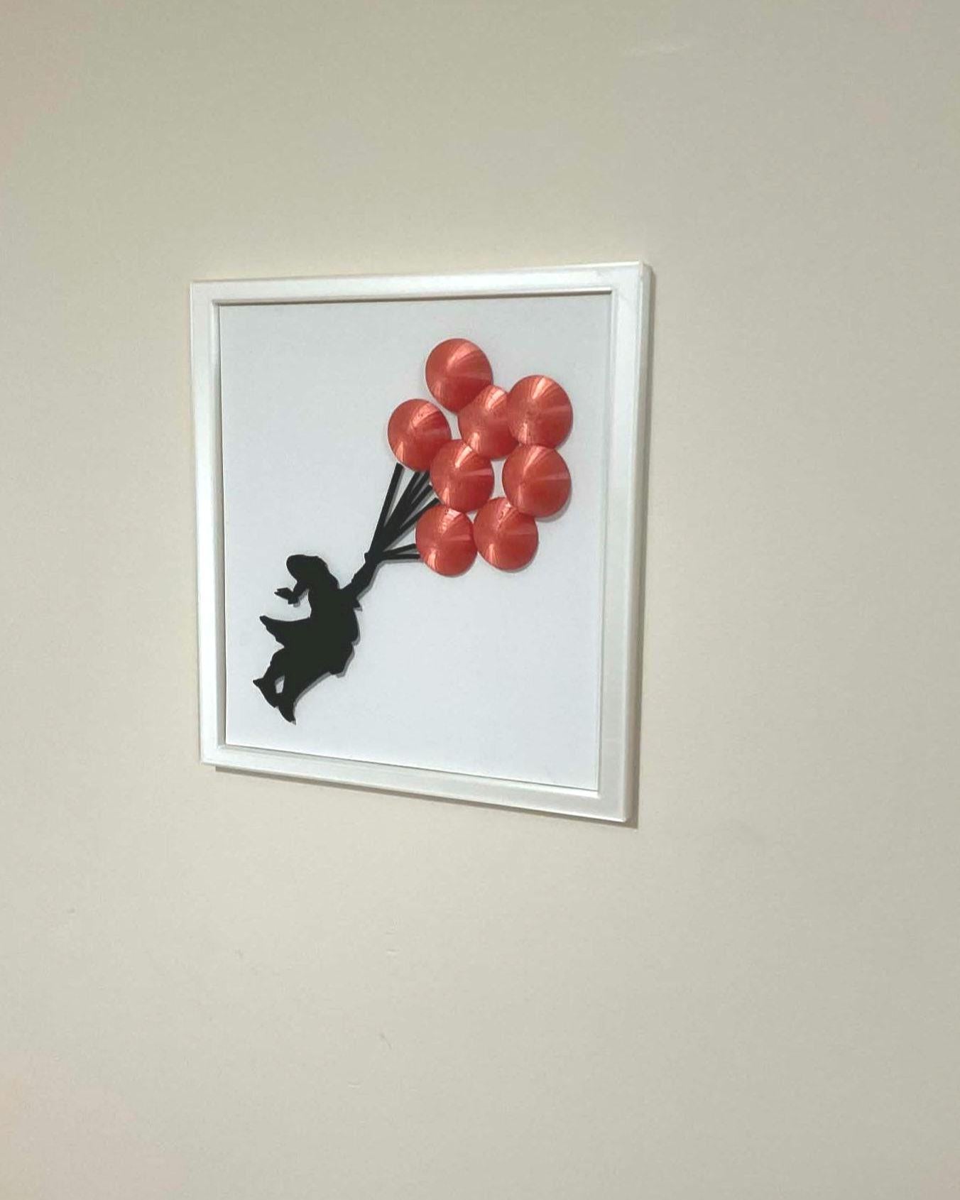 3D Balloon Girl Wall Art, Banksy Inspired Street Art Replica, Red Balloons, White Frame