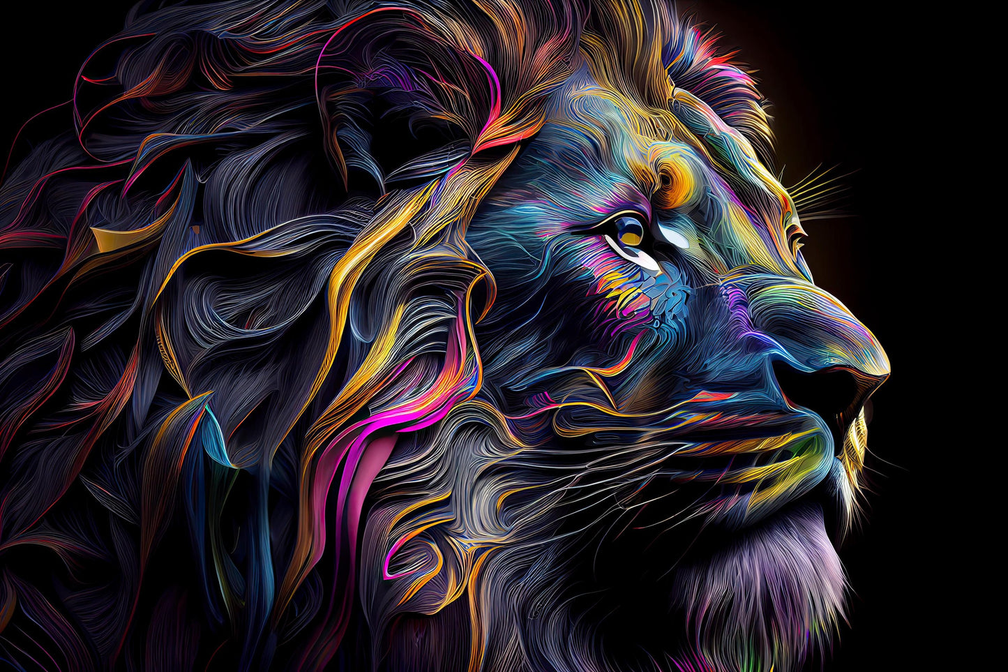 Abstract Lion Metal Wall Art, Colourful Animal Portrait, Backlit Effect (20cm x 28cm)