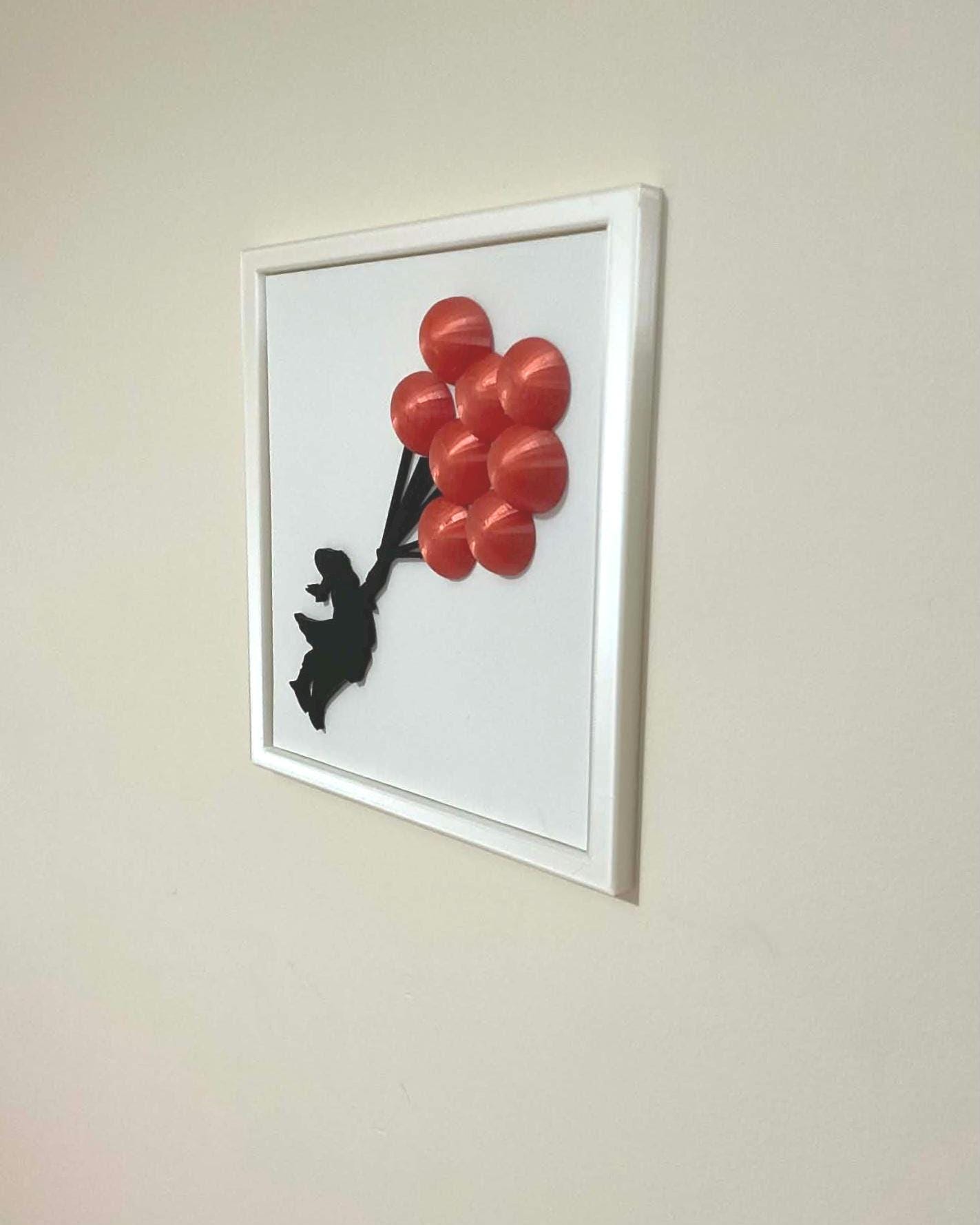 3D Balloon Girl Wall Art, Banksy Inspired Street Art Replica, Red Balloons, White Frame