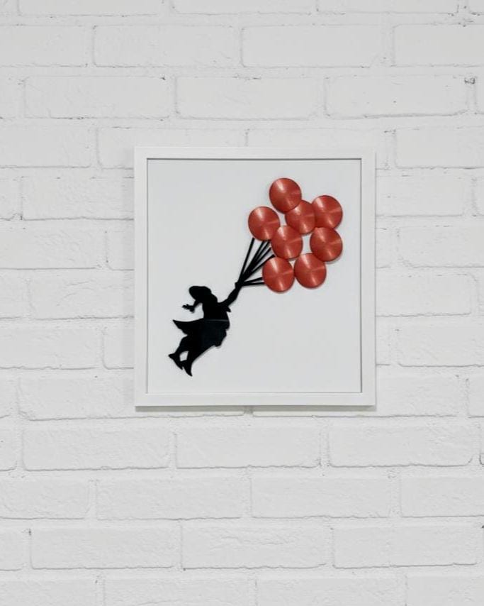 3D Balloon Girl Wall Art, Banksy Inspired Street Art Replica, Red Balloons, White Frame