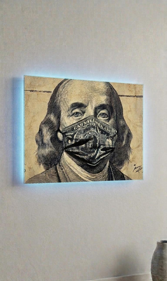 Benjamin Franklin Masked Money Metal Art, Sound Reactive LED Wall Decor
