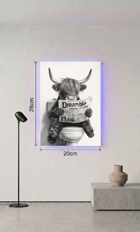 Highland Cow Reading Newspaper Metal Wall Art, Funny Bathroom Decor (20cm x 28cm)