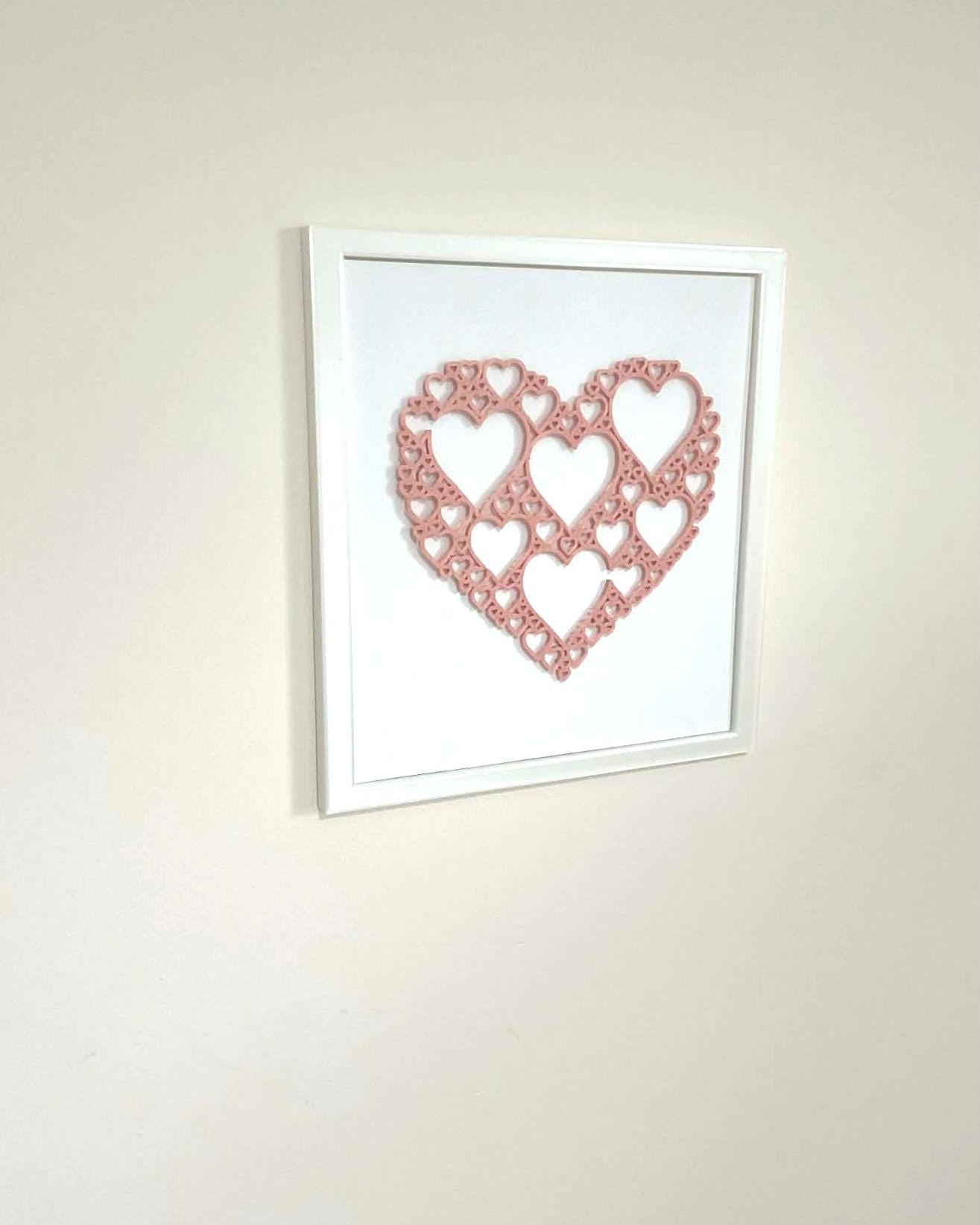 3D Heart Wall Art, Dusty Rose Filigree Decor, White Frame, Anniversary Wedding Nursery