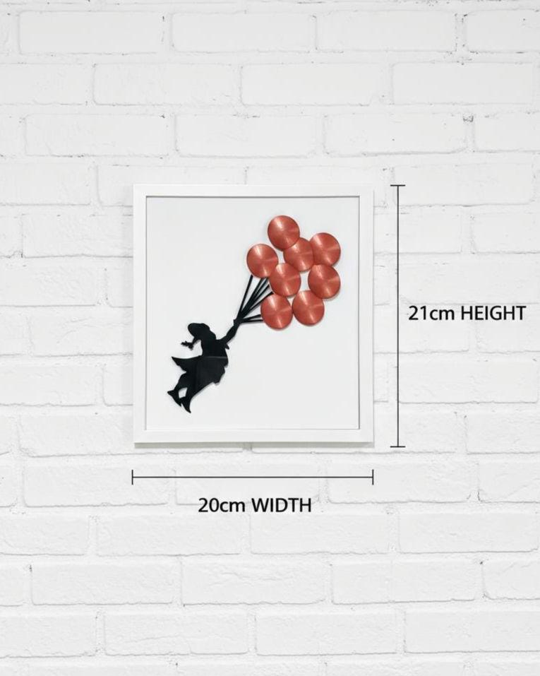 3D Balloon Girl Wall Art, Banksy Inspired Street Art Replica, Red Balloons, White Frame