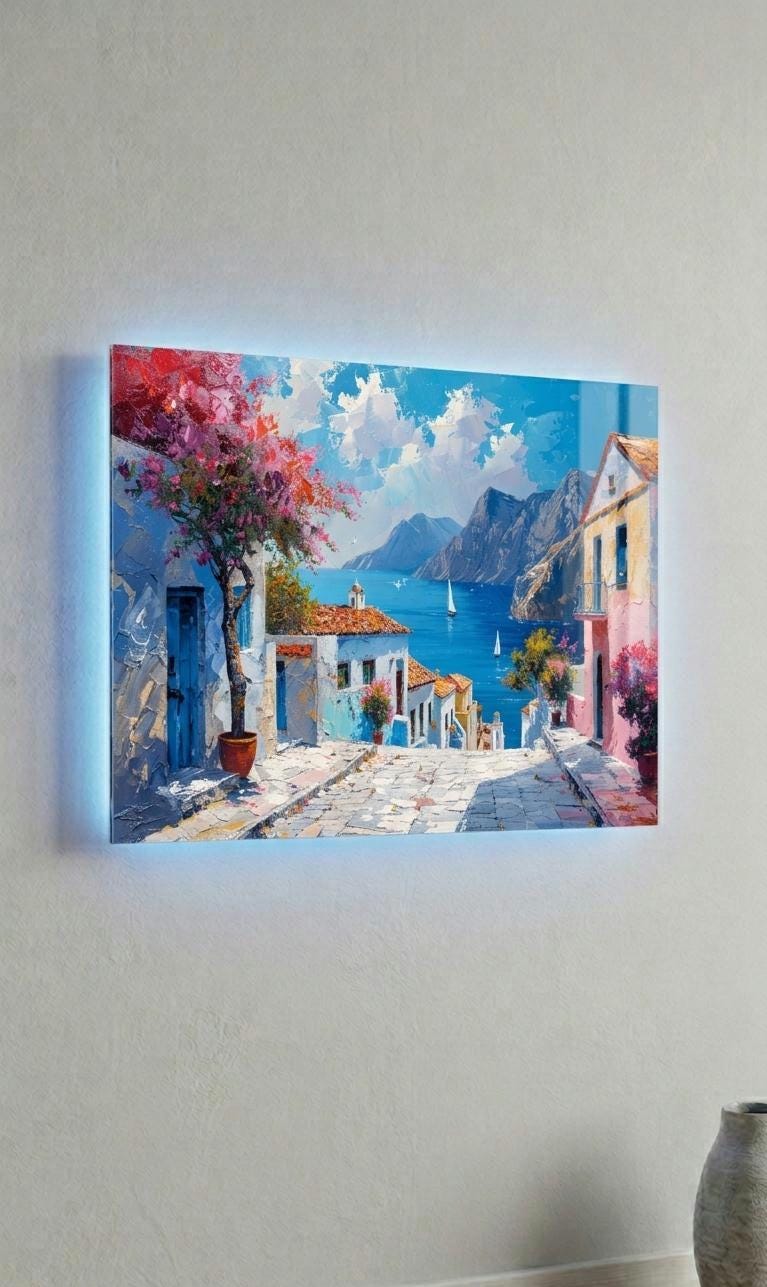 Sound Reactive LED Metal Art, Mediterranean Coastal Village Wall Decor