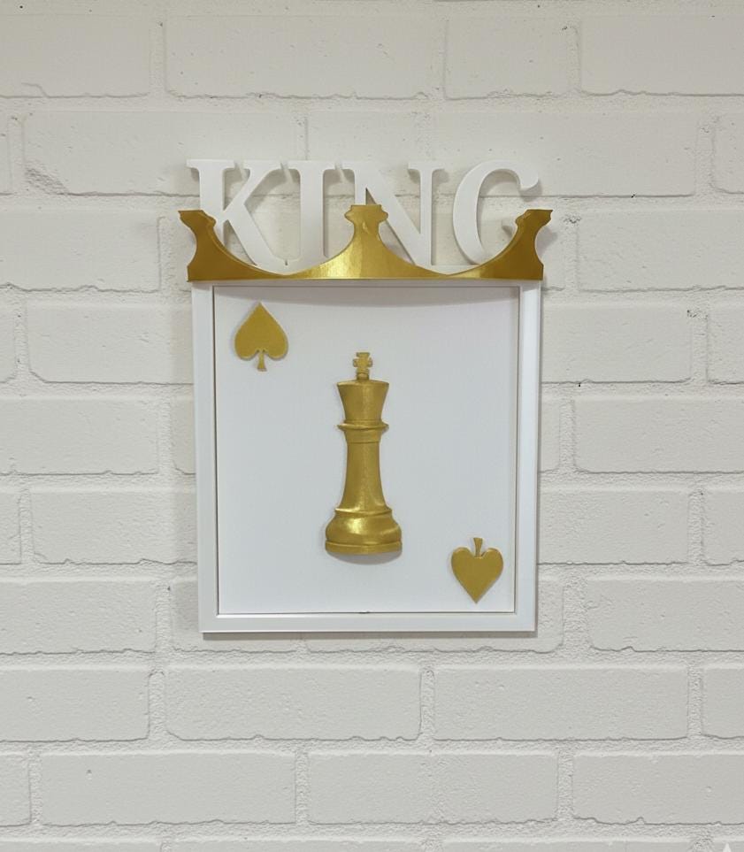 3D Gold King Chess Piece Wall Art, Spades Crown Decor, Regal Man Cave Sign