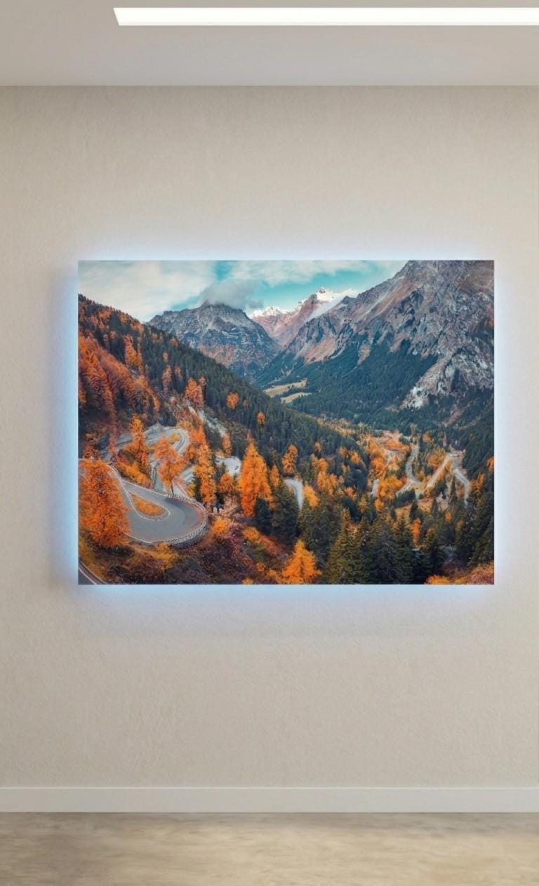 Mountain Road Metal Print, Autumn Landscape, Sound Reactive LED Wall Art (Battery Powered)
