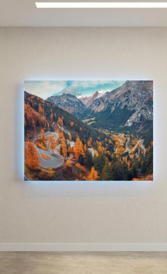 Mountain Road Metal Print, Autumn Landscape, Sound Reactive LED Wall Art (Battery Powered)