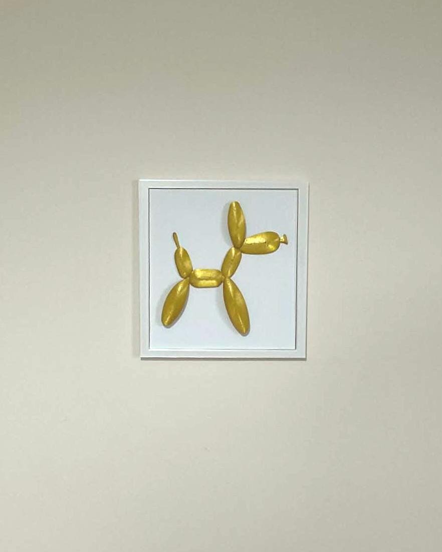Gold Balloon Dog 3D Wall Art, Metallic Pop Art Sculpture, Framed PLA Decor