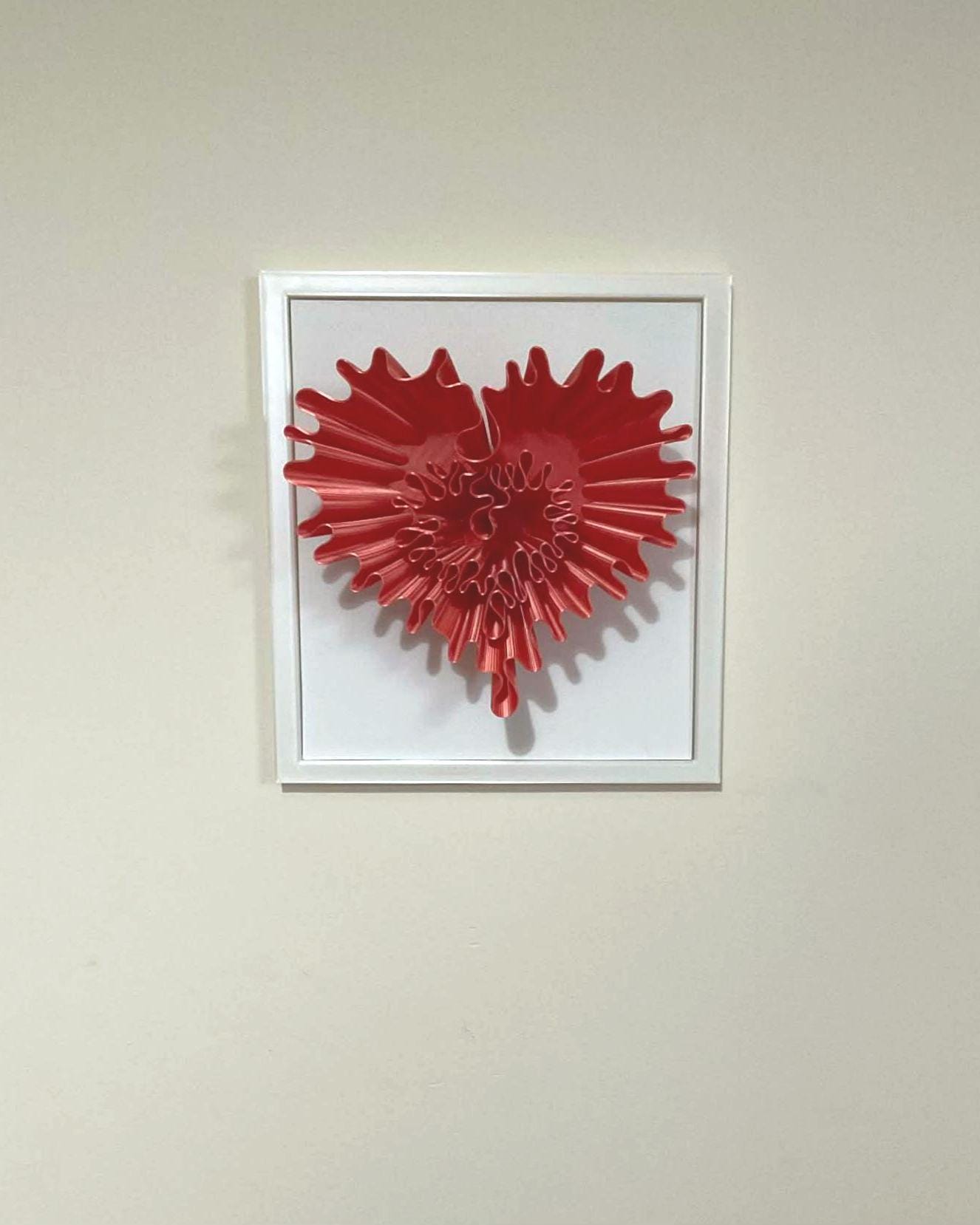 3D Ruffled Heart Sculpture, Red Textured Wall Art, Minimalist White Frame Home Decor
