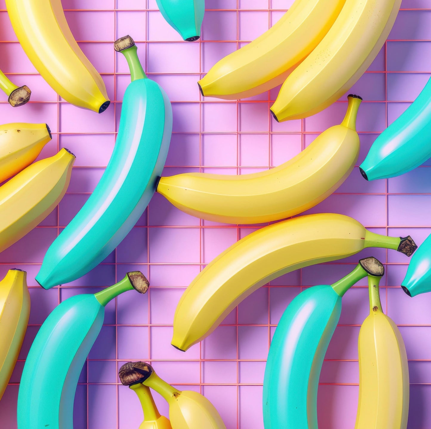 Teal Yellow Banana Illustration, Synthwave Retro Grid Art, 80s Tabletop Decor