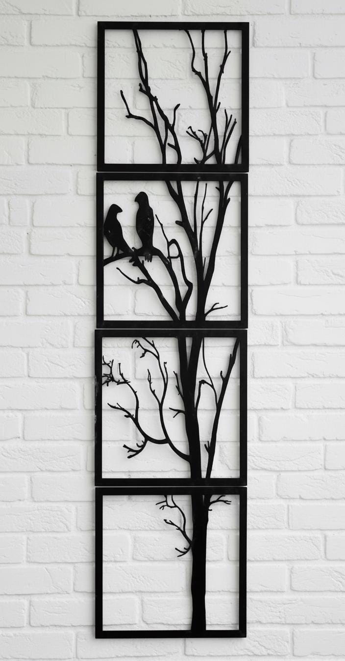 Vertical Tree Wall Art, Four Panel Birds Silhouette, Modern Nature Decor, 3D Printed Sculpture