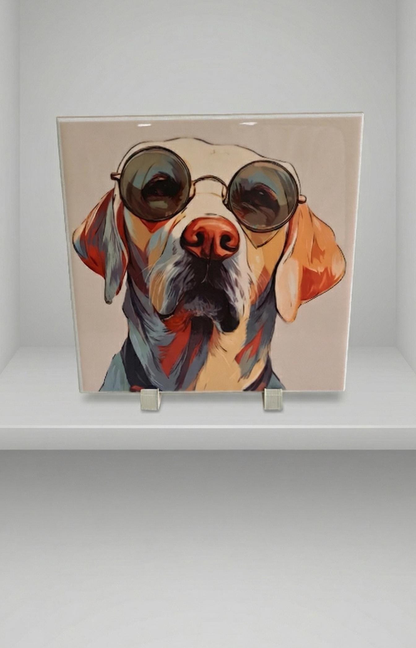 Pop Art Dog Ceramic Tile Art, Sunglasses Pup, Quirky Pet Portrait, Framed Wall Decor