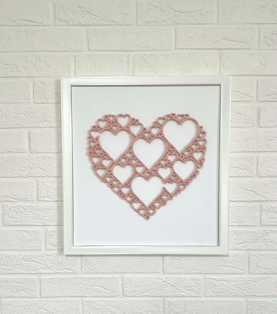 3D Heart Wall Art, Dusty Rose Filigree Decor, White Frame, Anniversary Wedding Nursery