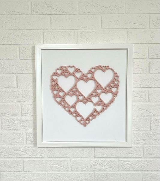 3D Heart Wall Art, Dusty Rose Filigree Decor, White Frame, Anniversary Wedding Nursery