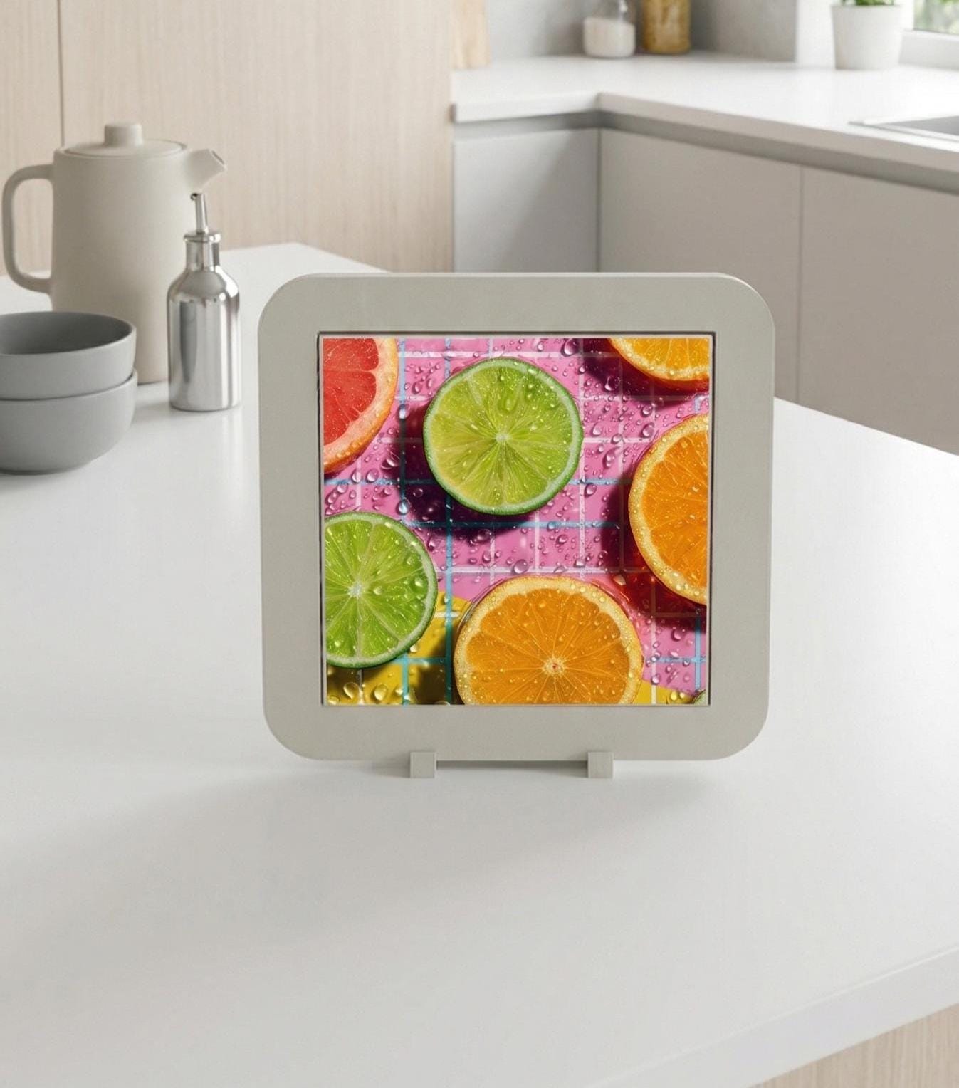 Retro Neon Citrus Ceramic Tile Art, 80s Vaporwave Kitchen Decor, Lime Orange Wall Art