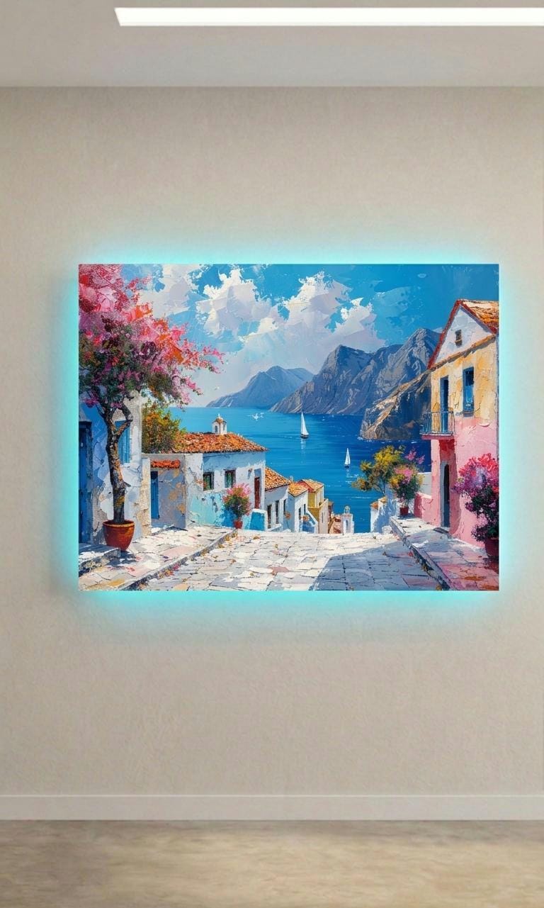 Sound Reactive LED Metal Art, Mediterranean Coastal Village Wall Decor