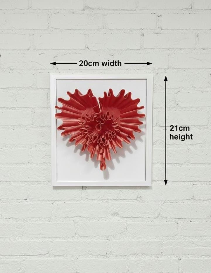 3D Ruffled Heart Sculpture, Red Textured Wall Art, Minimalist White Frame Home Decor