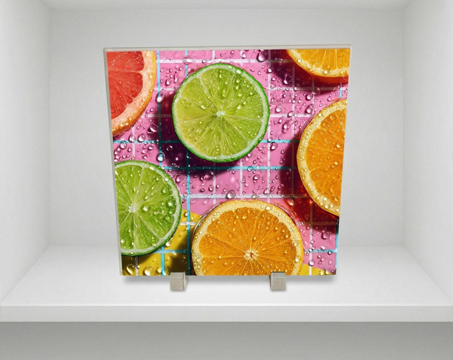 Retro Neon Citrus Ceramic Tile Art, 80s Vaporwave Kitchen Decor, Lime Orange Wall Art