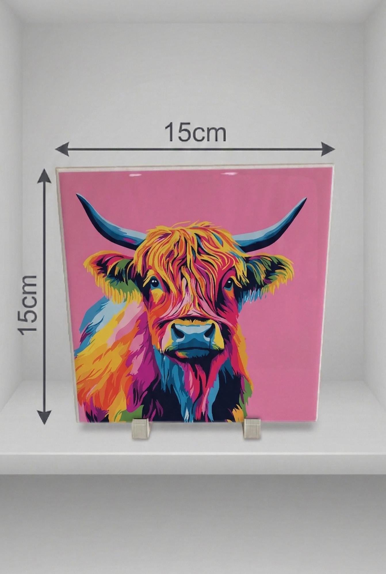 Vibrant Highland Cow Ceramic Tile Art, Pop Art Animal Decor, Pink Home Accents