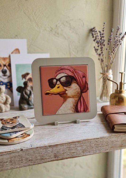 Quirky Duck Ceramic Tile Art, Retro Pink Diva Duck, Maximalist Wall Decor