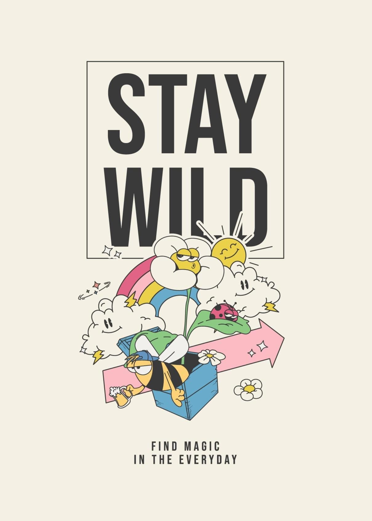 Stay Wild Retro Cartoon Art, 70s Vibe Mushroom Cloud Rainbow Print