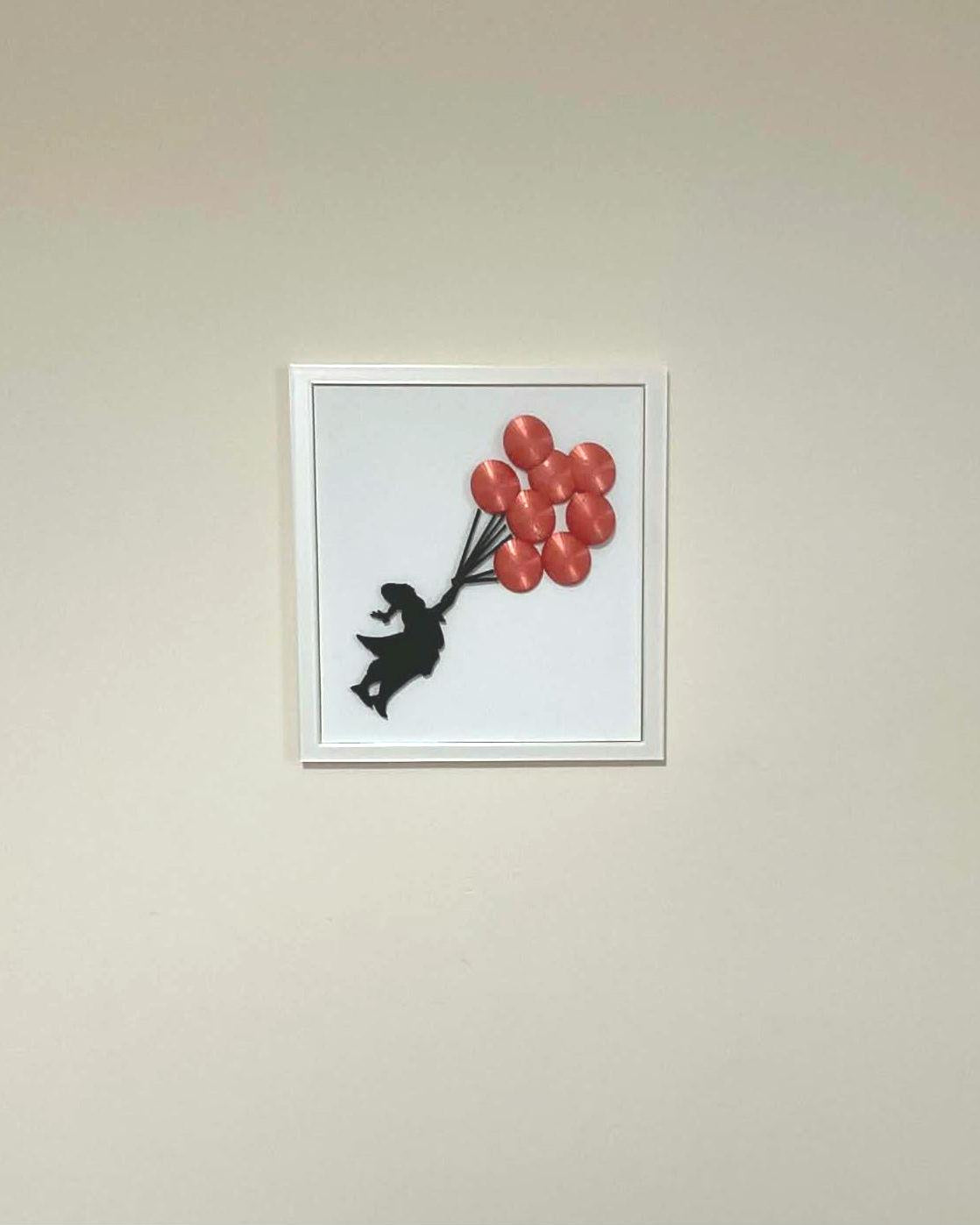 3D Balloon Girl Wall Art, Banksy Inspired Street Art Replica, Red Balloons, White Frame