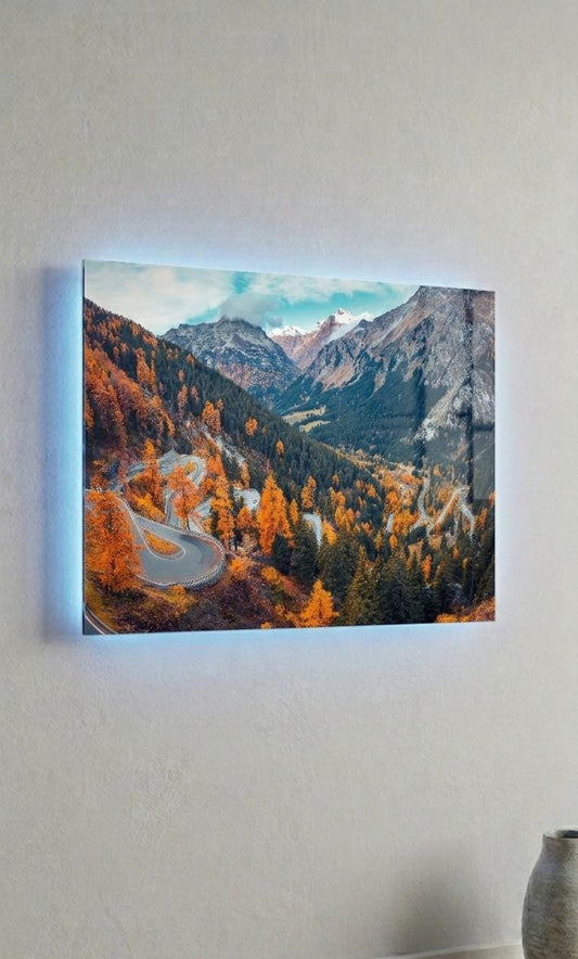 Mountain Road Metal Print, Autumn Landscape, Sound Reactive LED Wall Art (Battery Powered)