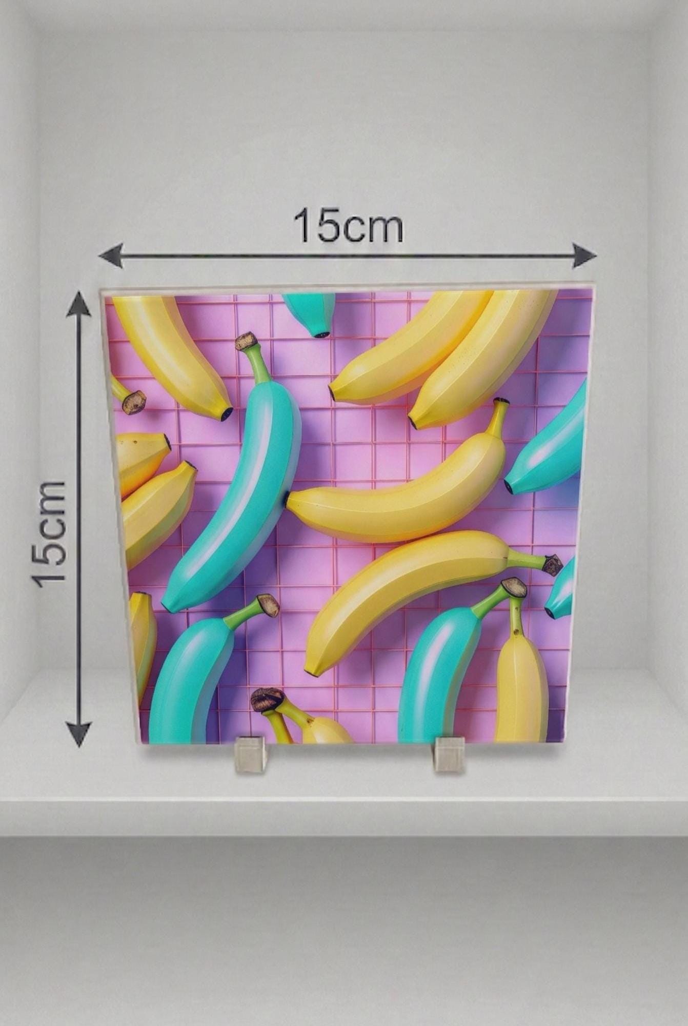 Teal Yellow Banana Illustration, Synthwave Retro Grid Art, 80s Tabletop Decor