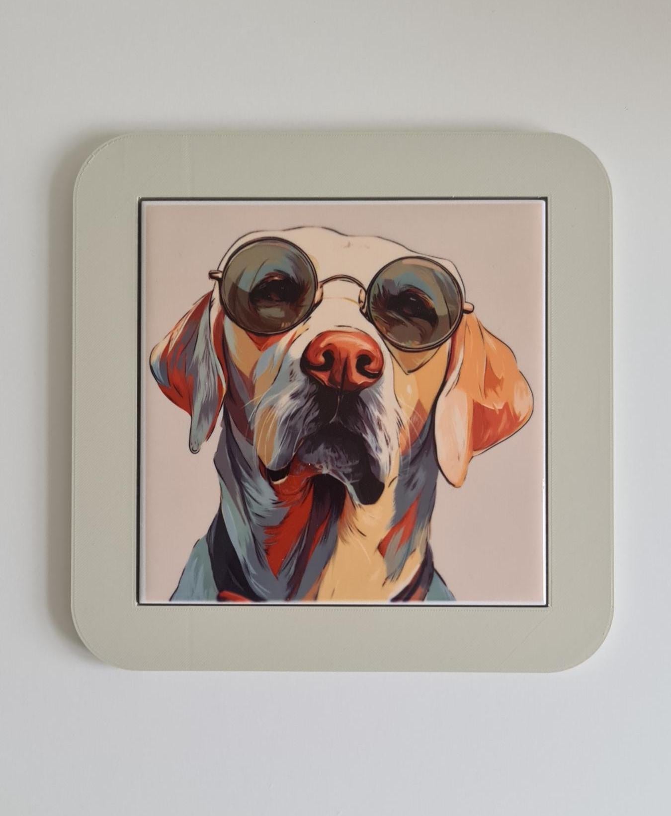 Pop Art Dog Ceramic Tile Art, Sunglasses Pup, Quirky Pet Portrait, Framed Wall Decor