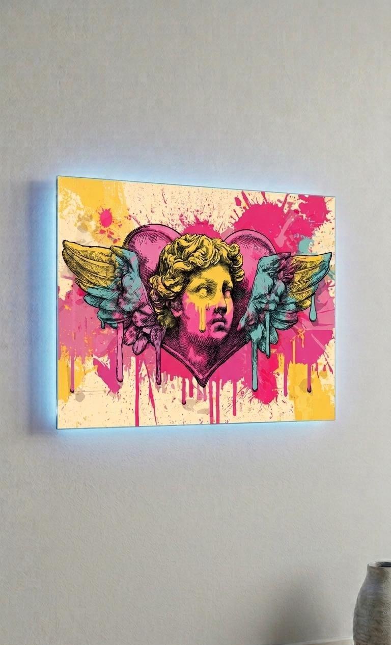 Cherub Angel Metal Wall Art, Sound Reactive LED Heart, Neo-Pop Street Art (Battery Powered)