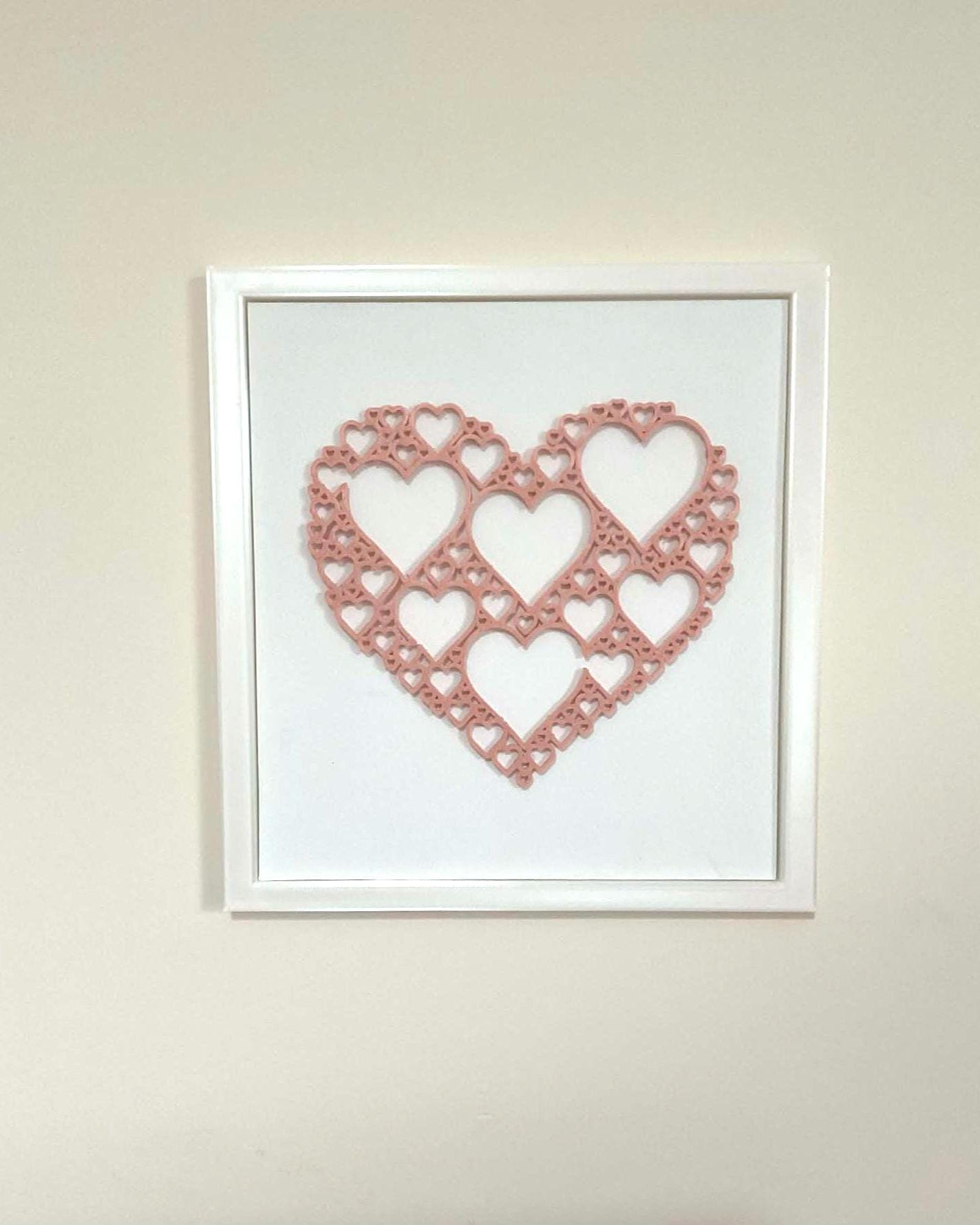 3D Heart Wall Art, Dusty Rose Filigree Decor, White Frame, Anniversary Wedding Nursery