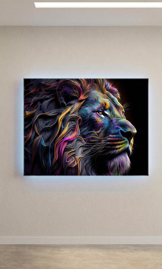 Abstract Lion Metal Wall Art, Colourful Animal Portrait, Backlit Effect (20cm x 28cm)